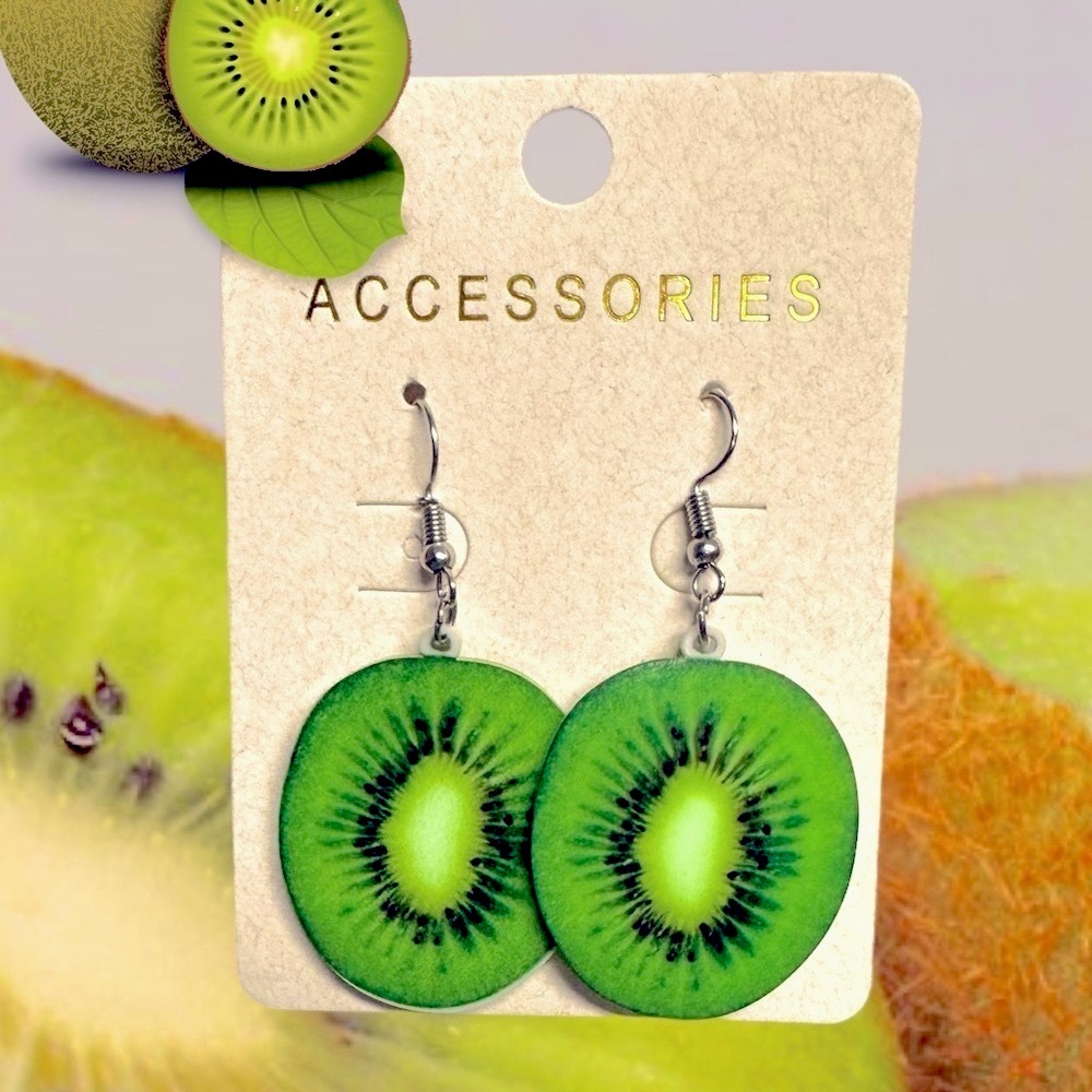 Acrylic kiwi pierced dangling earrings 2” lime green NEW